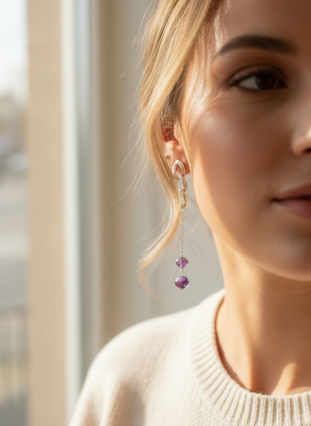 Серьги Цепь с подвесками, Аметист, фиолетовый