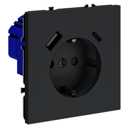 Розетка встраиваемая VOLTUM S70 с заземлением и защитными шторками, 16А, с USB, A+С, (графит)