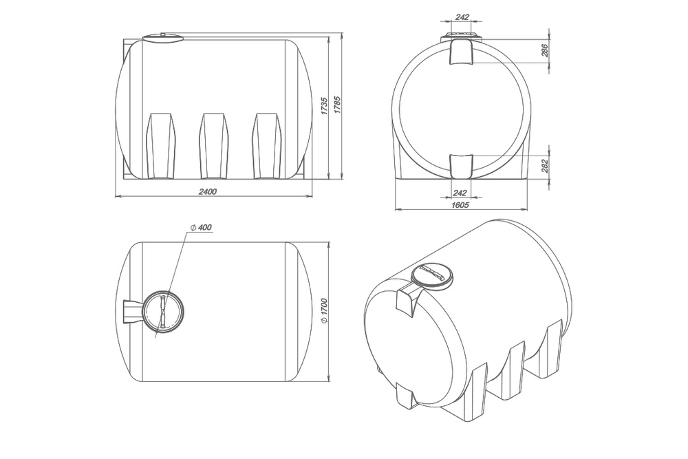 Ёмкость пластиковая пищевая ЭкоПром H с откидной крышкой 5000 л. горизонтальная (170x240x179см;синий) - арт.555230
