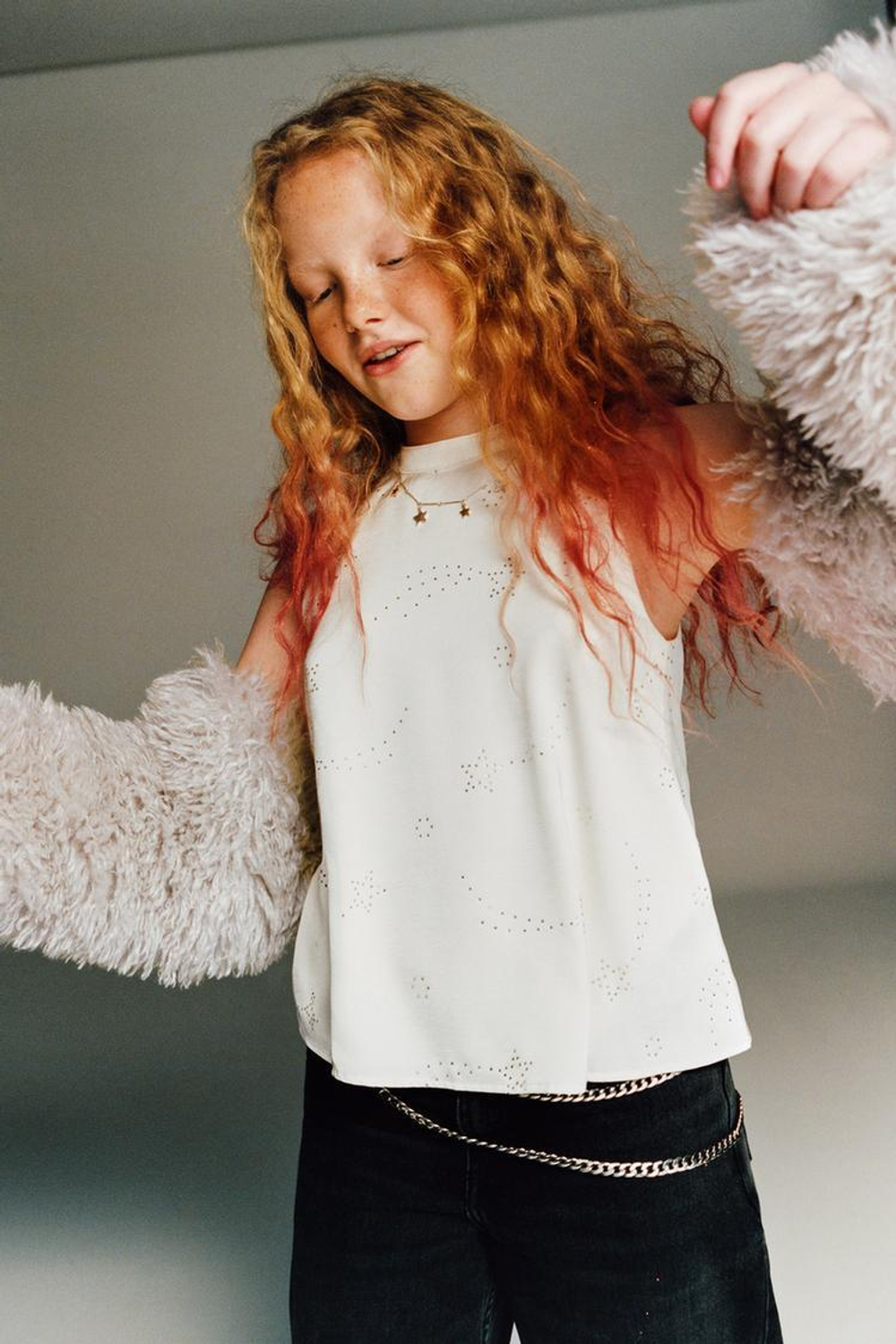 ZARA ТОП С ГОРЛОВИНОЙ ХАЛТЕР И СТРАЗАМИ, ЖЕЛТОВАТО-БЕЛЫЙ