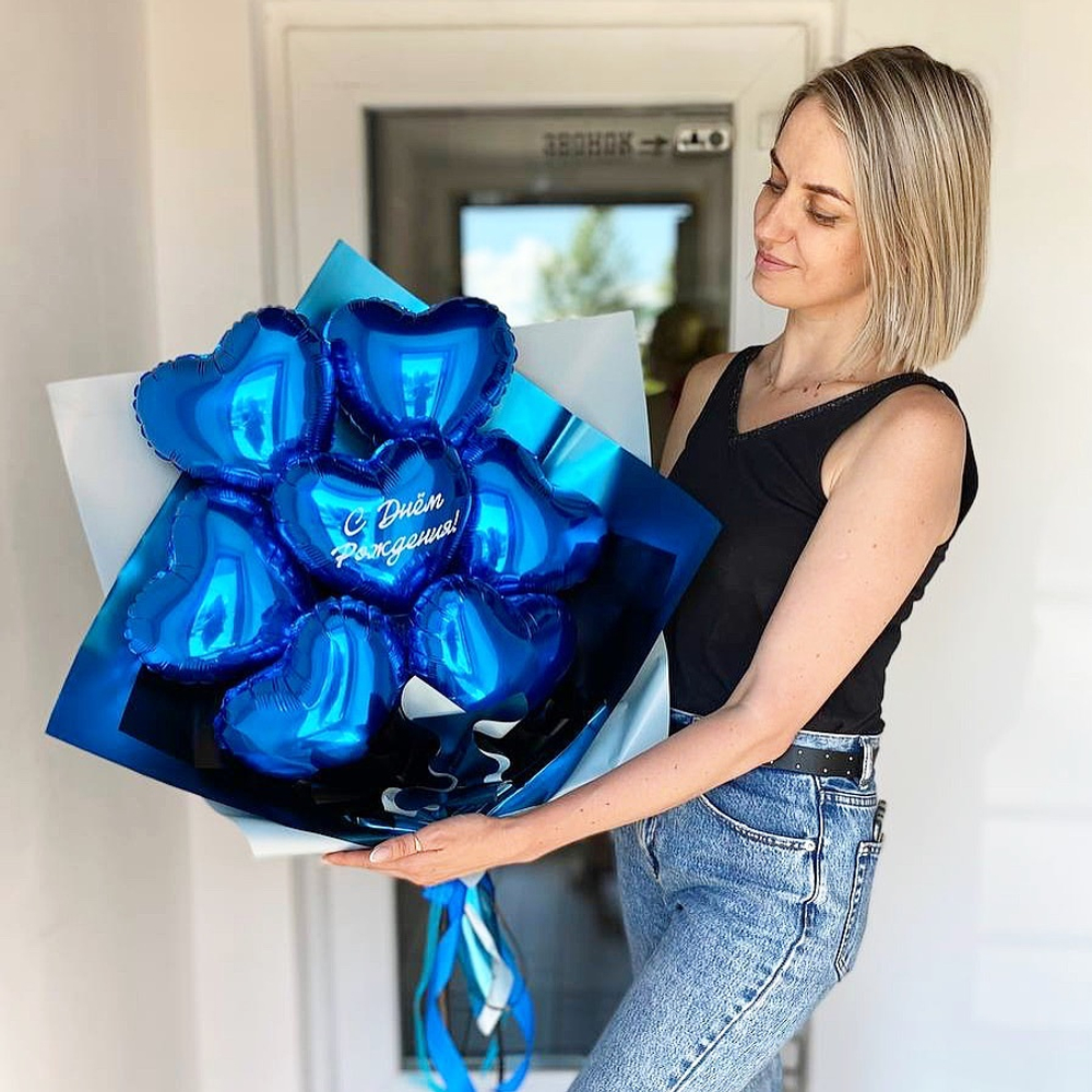 Букет из сердец фольга синий №3781