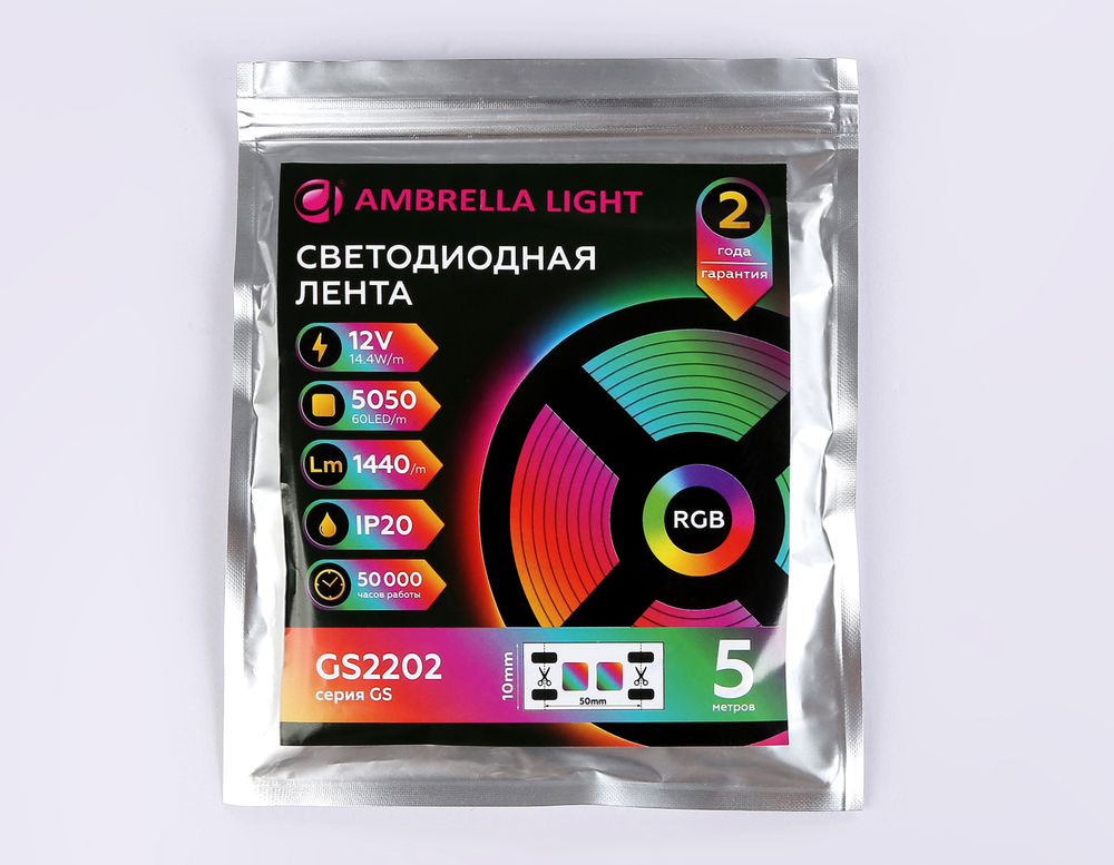 Светодиодная лента RGB GS2202 5050 60Led/ 14.4 m/ 12V IP20 RGB/ 5000*10*1.87mm/ кратность резки 50mm (4 конт.)