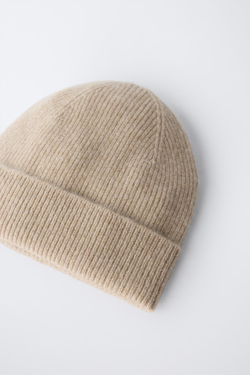 ZARA ШАПКА В РУБЧИК ИЗ 100% КАШЕМИРА, ПЕСОЧНЫЙ