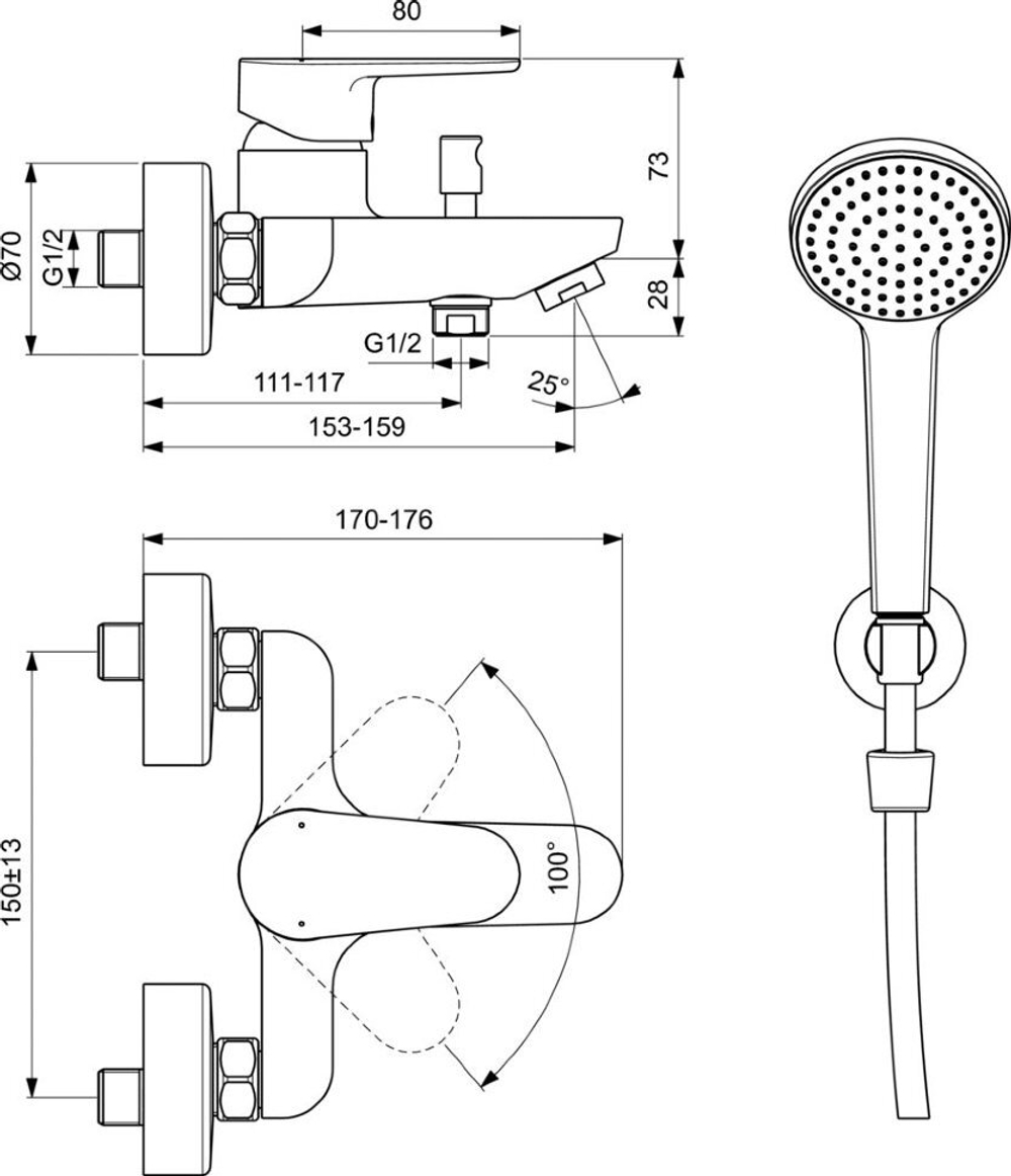 Настенный смеситель для ванны/душа Ideal Standard CERAFINE O  BC706XG