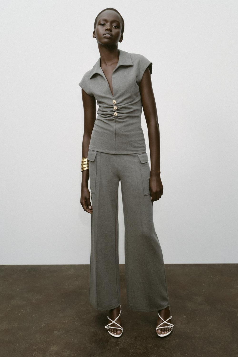 ZARA ТОП ИЗ ПИКЕ С ПУГОВИЦАМИ, АНТРАЦИТОВО-СЕРЫЙ