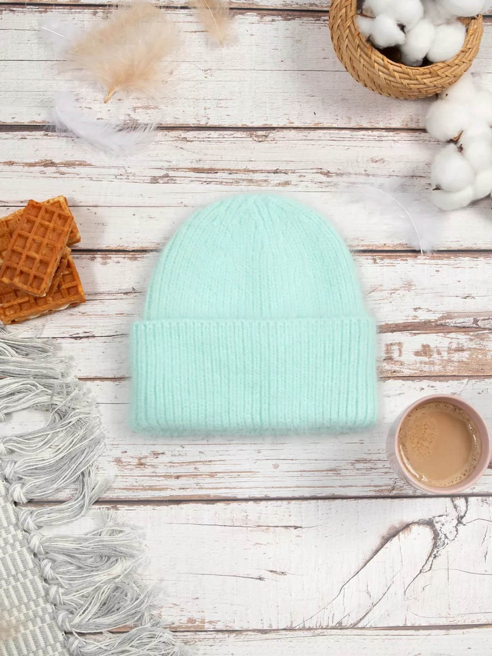 шапка вязаная бини ангора теплая демисезонная с отворотом