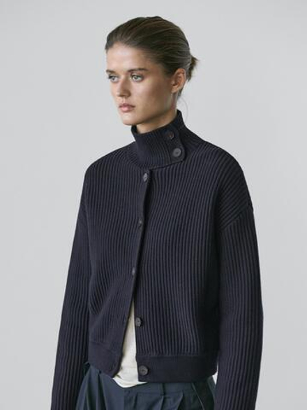 Massimo Dutti Вязаный кардиган с высоким воротником, темно-синий