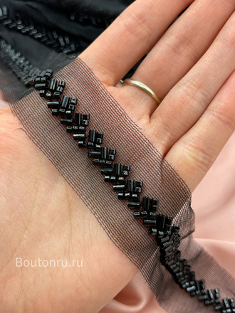 Тесьма черная бисер на сетке 1 см