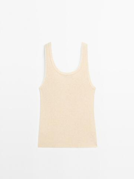 Massimo Dutti Топ из 100% хлопка в рубчик с контрастной деталью, бежевый
