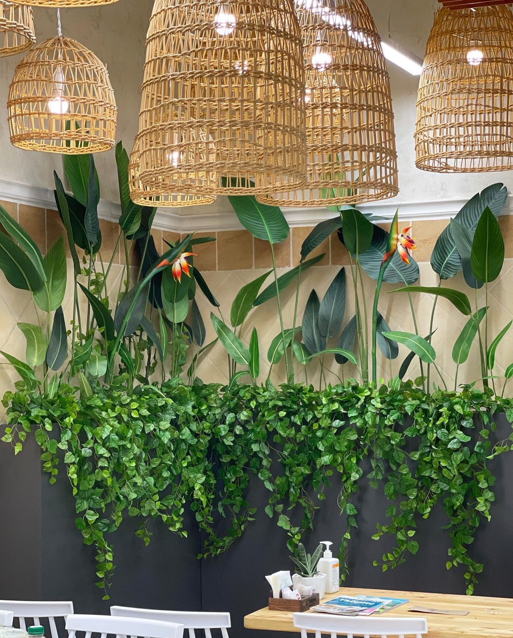 Озеленение искусственными стрелициями и ампельными растениями кафе в супермаркете "Табрис"  г.Краснодар