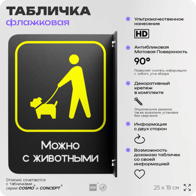 Табличка Можно с собаками, животными флажковая на стену, двусторонняя с крепежом, 19 х 25 см, для офиса, кафе и ресторана, серия COSMO, Айдентика Технолоджи