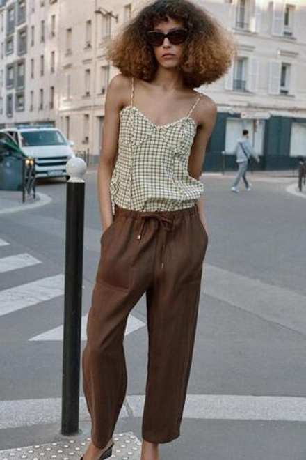 ZARA БРЮКИ С ЭЛАСТИЧНЫМ ПОЯСОМ, КОРИЧНЕВЫЙ