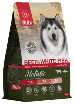 Сухой корм для собак Blitz Holistic Beef & White Fish Adult Dog Grain Free с говядиной и белой рыбой для средних и крупных гипоаллергенный, для чувствительного пищеварения, 1,5 кг