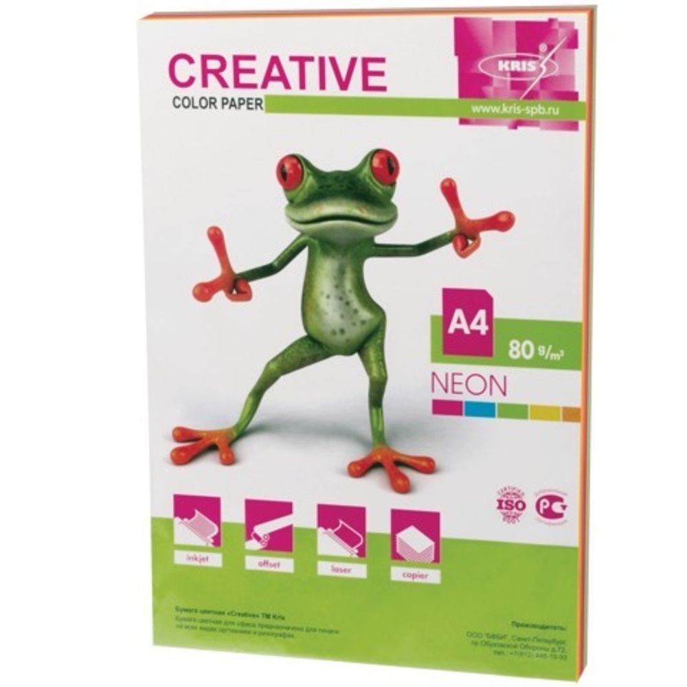 Бумага цветная CREATIVE color, А4, 80 г/м2, 50 л., (5 цветов х 10 листов) микс неон, БНpr-50r