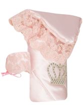 Зимний конверт-одеяло на выписку &quot;Империя&quot; нежно-розовый атлас с розовым кружевом и большой короной на липучке без пледа