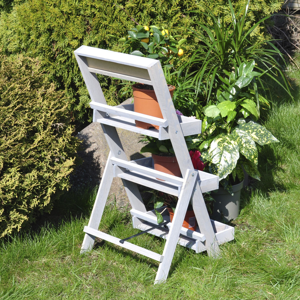 Подставка для цветов и декора напольная 3 полки из массива сосны Флорэль, деревянная этажерка для цветов на подоконник в стиле рустик, серая