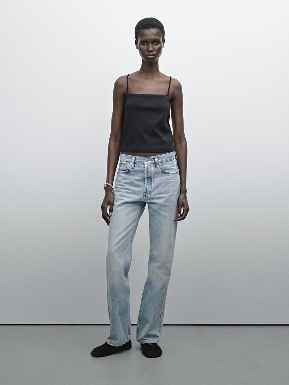 Massimo Dutti Трикотажный топ на бретелях с кружевом, черный