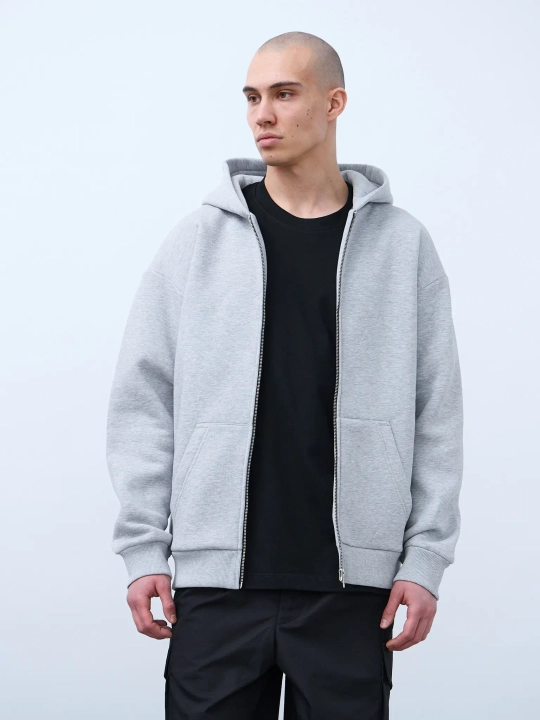 Худи оверсайз на молнии с начёсом (серый-меланж)