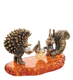 AM-2801 Фигурка «Ежик и Белочка друзья» (латунь, янтарь)