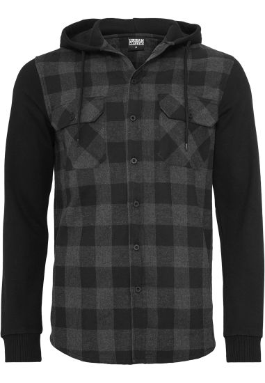 Рубашка URBAN CLASSICS Hooded Checked Flanell Sweat Sleeve Shirt (Black/Charcoal/Black)