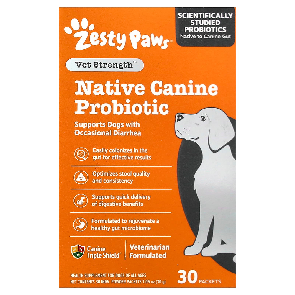 Zesty Paws, Vet Strength™, Native Canine Probiotic, в порошке, для собак любого возраста, 30 пакетиков по 1 г (0,03 унции)