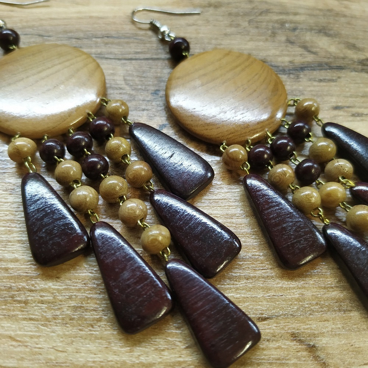 Серьги Монетки, дерево, цвет коричневый, вишневый, 25x80 мм