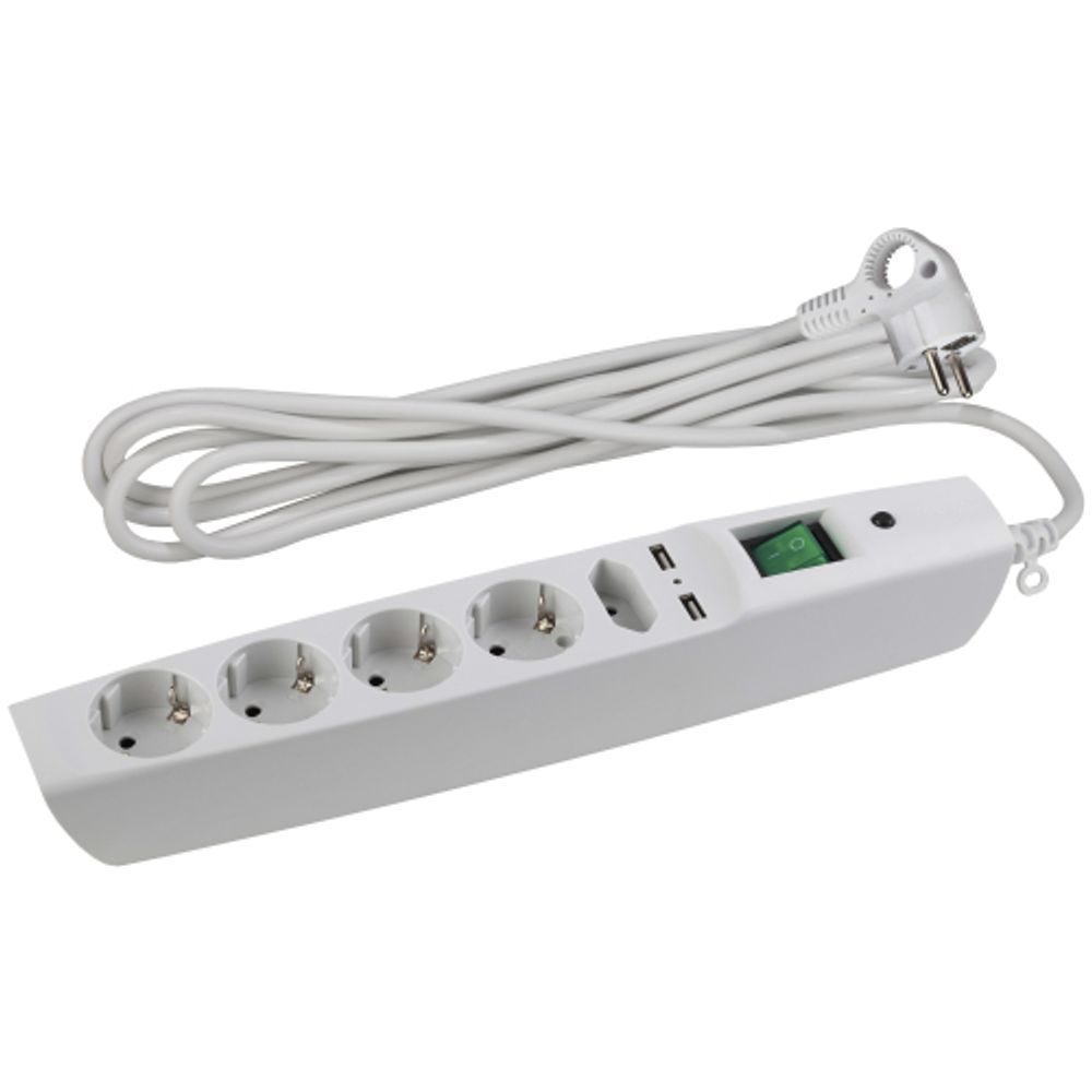 Сетевой фильтр ЭРА SFU-5es-2m-W с надежной защитой с заземлением с выключателем 5 розеток 2xUSB 2м 10А белый