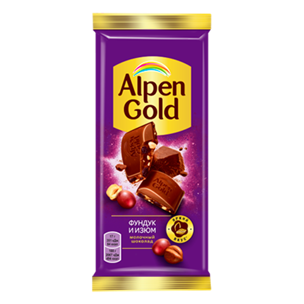Шоколад молочный с фундуком и изюмом Alpen Gold 80г