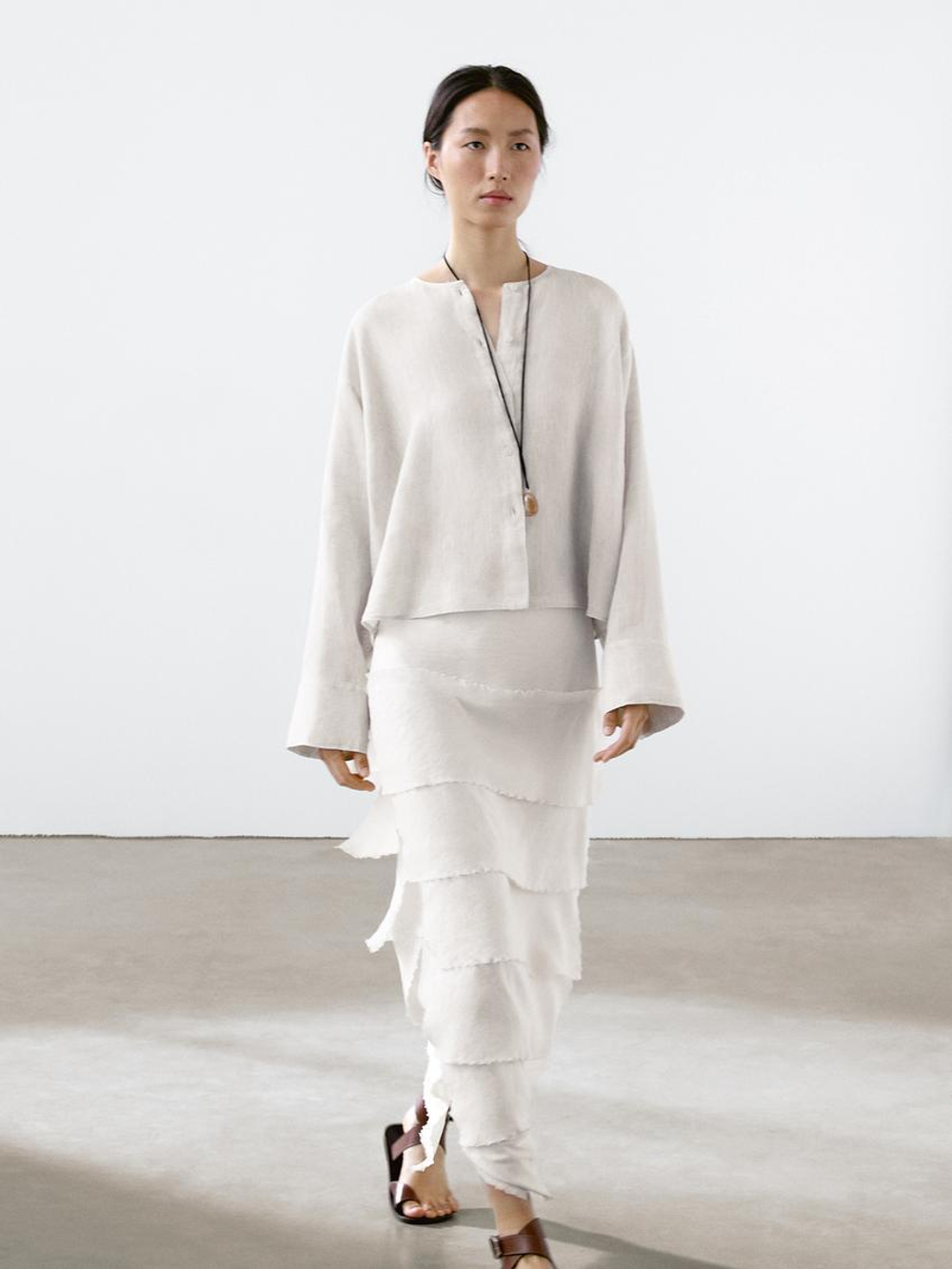 Massimo Dutti Рубашка из 100% струящегося льна с пуговицами, натуральный, кремовый