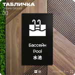 Табличка Бассейн, на дверь и стену, информационная и мультиязычная (русский, английский, китайский), серия GLOBAL, 25х15 см, Айдентика Технолоджи