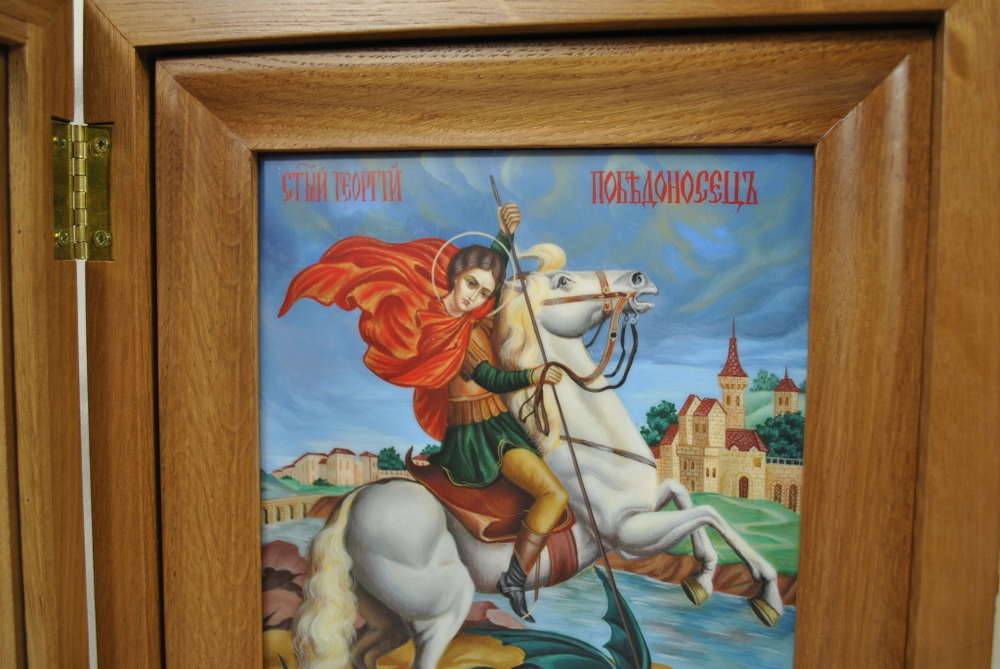 Икона Св. Георгий Победоносец (Палех) в киоте