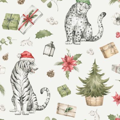 Новогодние животные, тигр, снежный барс, елка, подарки