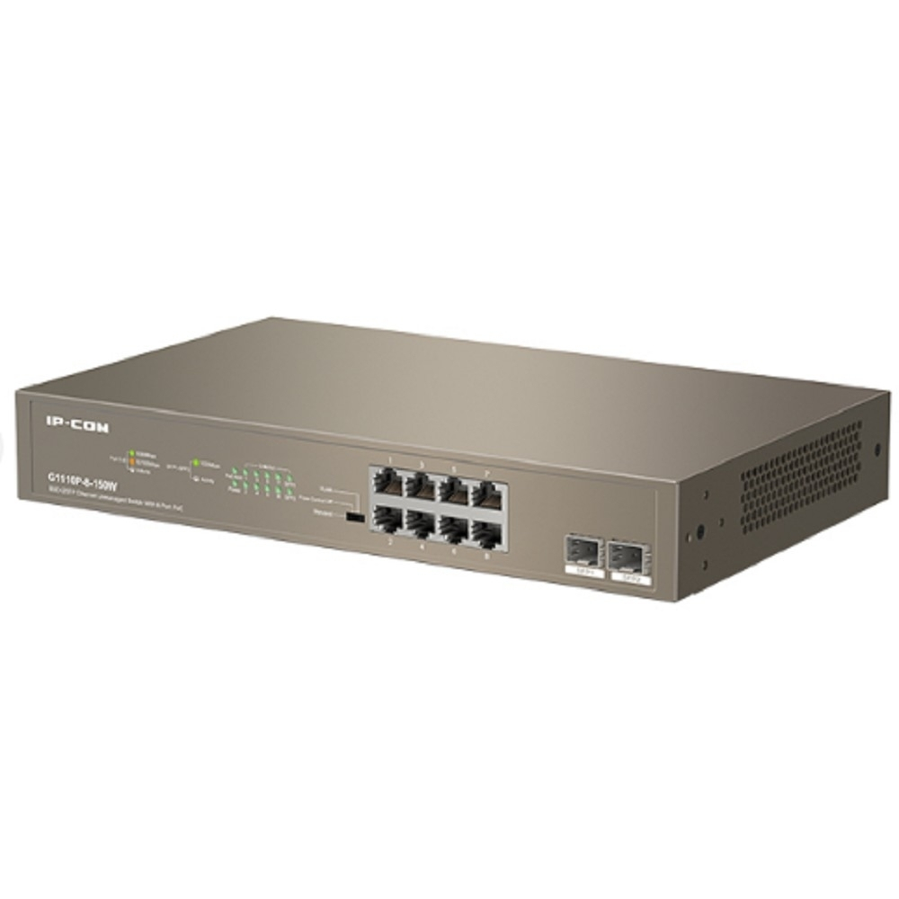 Коммутатор IP-COM G1110P-8-150W Коммутатор PoE неуправляемый 10-Ports 10 / 100 / 1000 Base-T + 2-Ports 1000 Base-X SFP / 8-Ports PoE (PoE бюджет 130W)