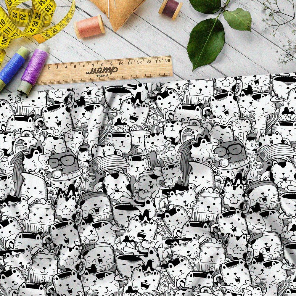 Ткань лён чёрно-белые котики в виде посуды