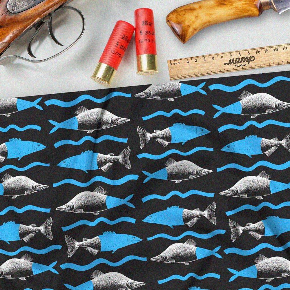 Ткань барби половинчатые рыбы на чёрном фоне