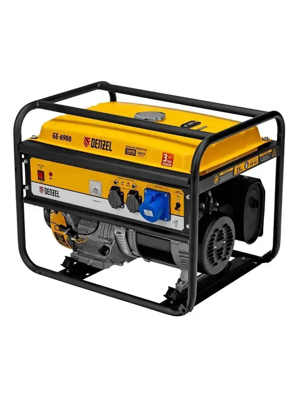 Генератор бензиновый DENZEL GE-6900, 5.5 кВт, 420 см3 объем двигателя, 220 В и 25 л объем топливного бака, ручной стартер и блок AVR, 3 розетки 94637