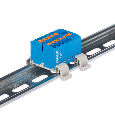 Блок распределительный с гориз. адаптером на рейку шириной 35мм, зажим push-in, 1 ввод 6 кв.мм, 10 точек подключения 2,5 кв.мм, синий