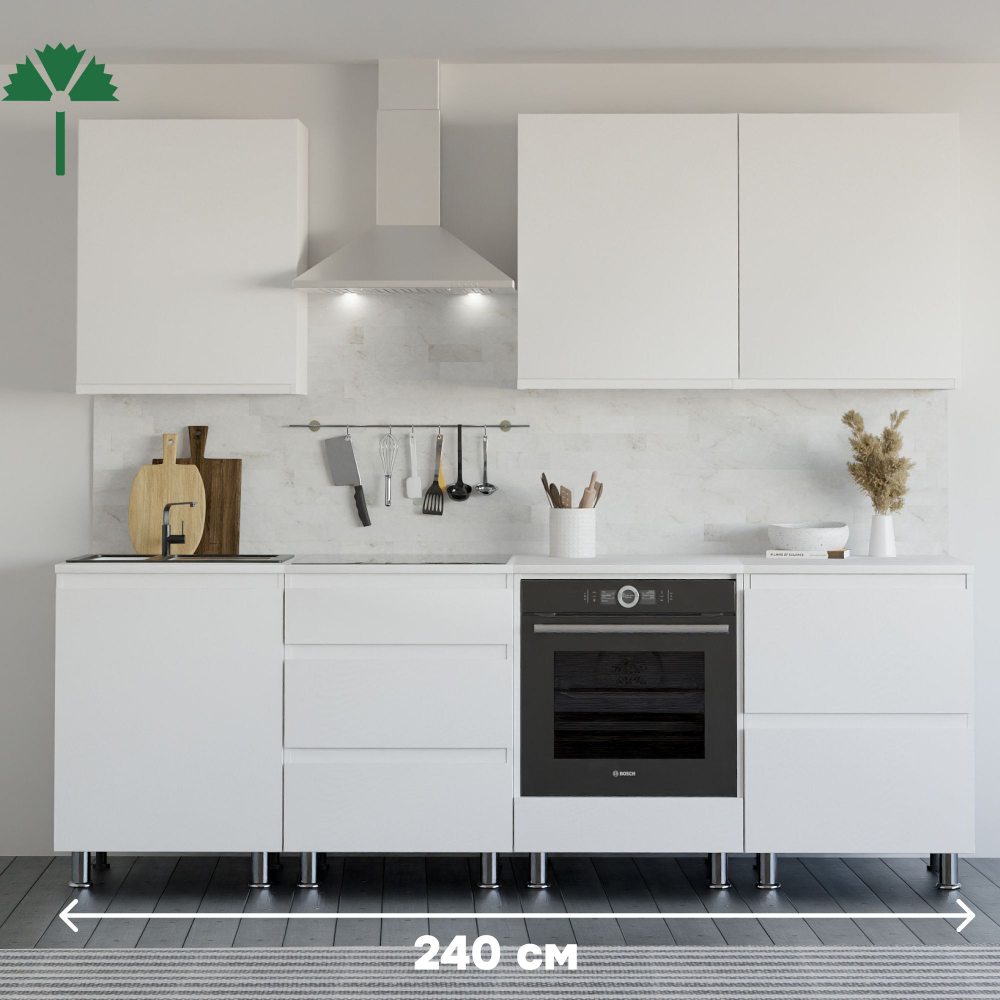 Кухонный гарнитур Севилья 240 см, со столешницей (7 модулей), белый ЛДСП