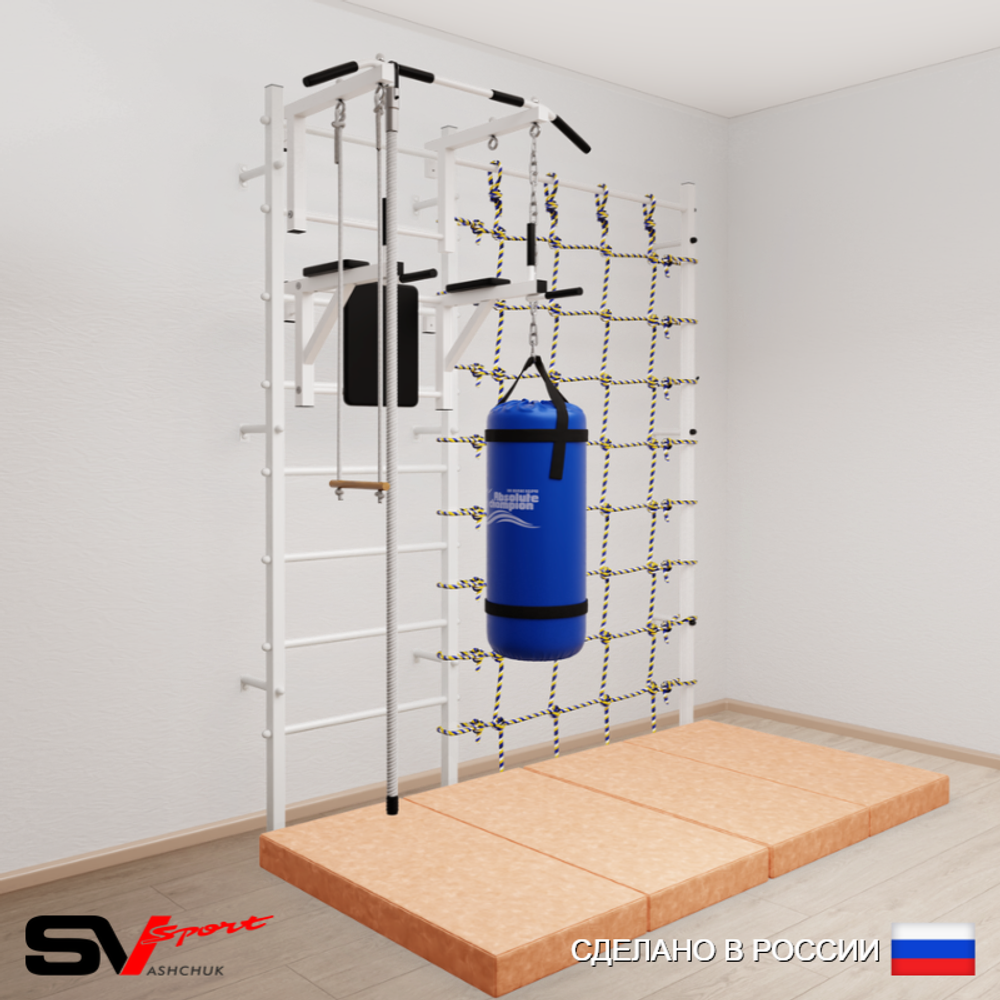 Шведская стенка Sv Sport усиленная 67670 (Турник стандарт/Брусья/Канат/Трапеция/Цепь/Мешок 30кг/Мат 2м/Канатный лаз)