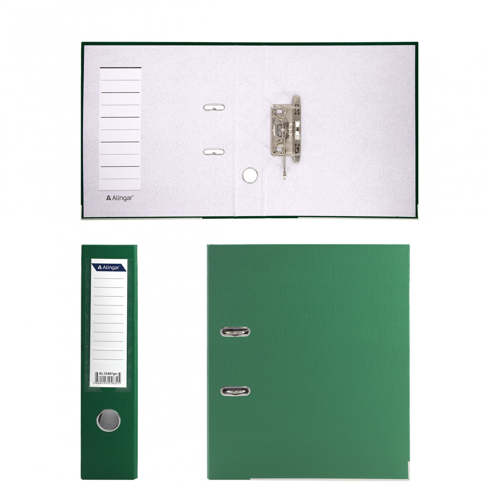 Папка-регистратор Alingar, А4, 70 мм, зеленый, ПВХ покрытие, фактура лен, карман на корешке, нижн. металл. кант, арочный механизм, неразборная