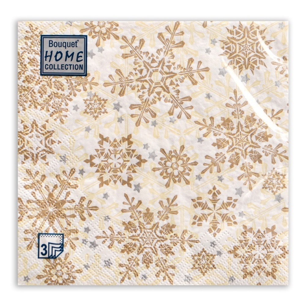 Салфетки новогодние бумажные Home Classic Золотые снежинки на бежевом, 3 слоя, 33*33 см, 20 шт.
