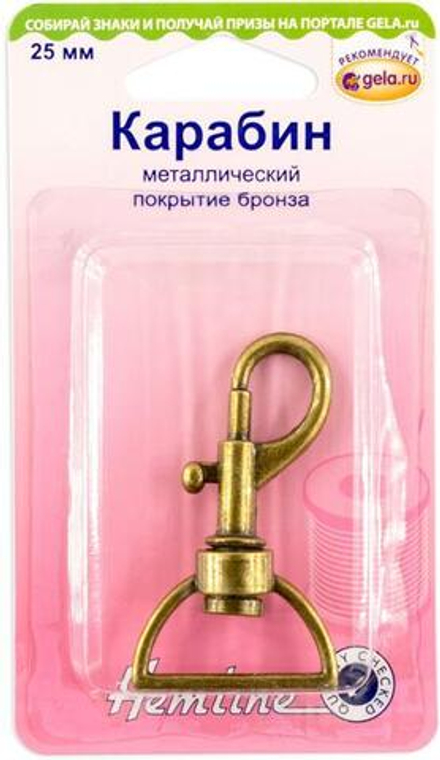 Карабин  металлический, 1 шт , цв.бронза, 25мм