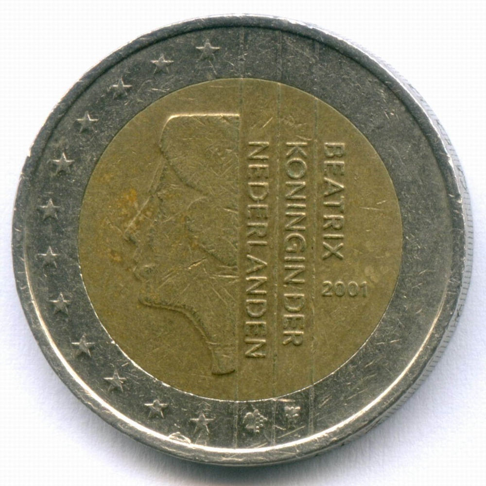 2 евро 2001 год. Нидерланды. Регулярный выпуск. Тип 1. Биметалл VF