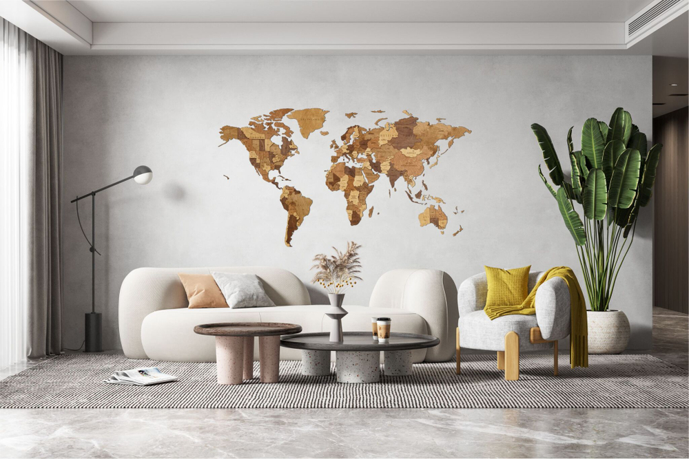 EWA Деревянная Карта Мира настенная, объемная 3 уровня, размер L (192x105 см), цвет шоколад