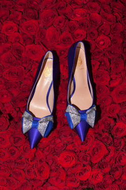 Женские кожаные туфли синие с бантом