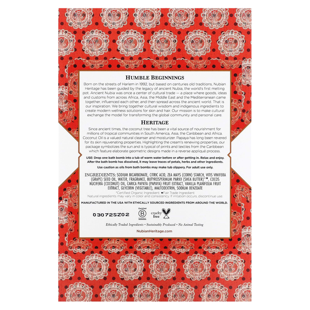Nubian Heritage, Бомбочки для ванны, с кокосом и папайей, 6 бомб для ванн, 45 г (1,6 унции)