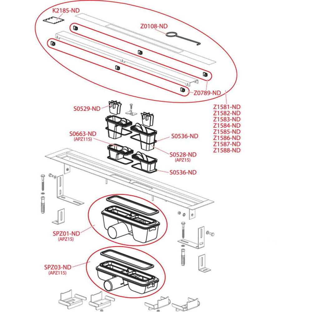 Водоотводящий желоб без порогами с решеткой под кладку плитки, арт.APZ115-550