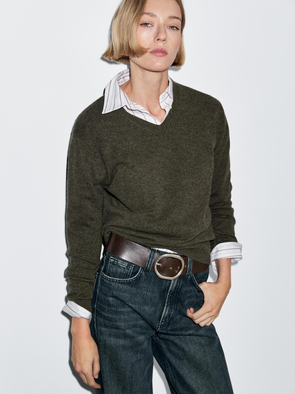 Massimo Dutti Свитер из смесовой шерсти с V-образным вырезом, зеленый