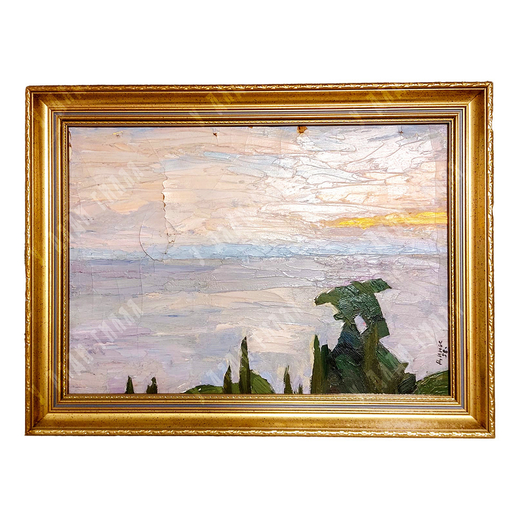 Динес Ю. С. Морской пейзаж в сиреневых тонах. Крым. Этюд. Картон, масло. 1958