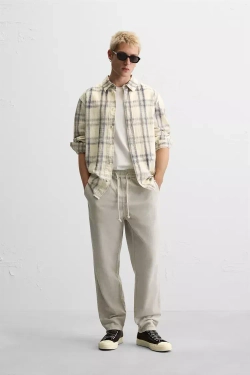 ZARA БРЮКИ ИЗ ХЛОПКА И ЛЬНА, СВЕТЛО-СЕРЫЙ